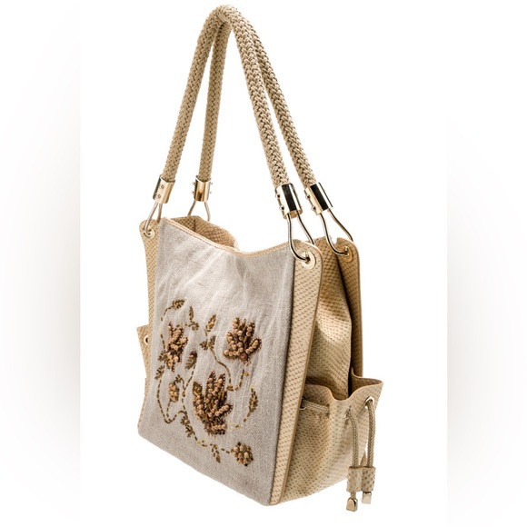 Super Rare Michael Kors Skorpios Beaded Genuine Linen Embossed Tote Bag EUC - Picture 3 of 16